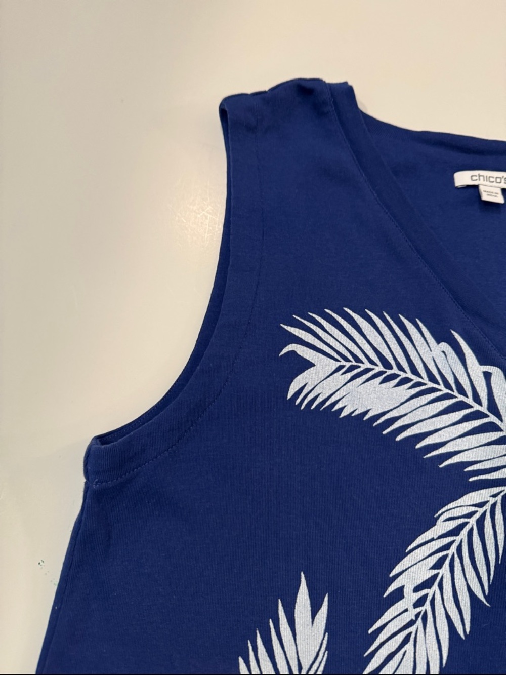 Chico's Navy Palm-Print V-Neck Tank with Tropical Print - Picture 5 of 13